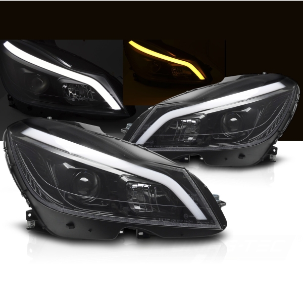 Scheinwerfer für Mercedes Benz S204 W204 C-Klasse 2011+ schwarz Led Lightbar Tagfahrlicht-Optik