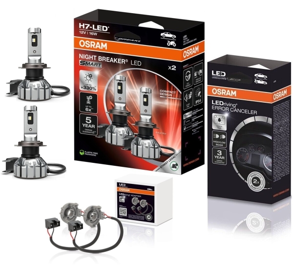 OSRAM NIGHT BREAKER H7 LED 330% Set für VW Golf 6 mit Adapter + Canbus E8 4816