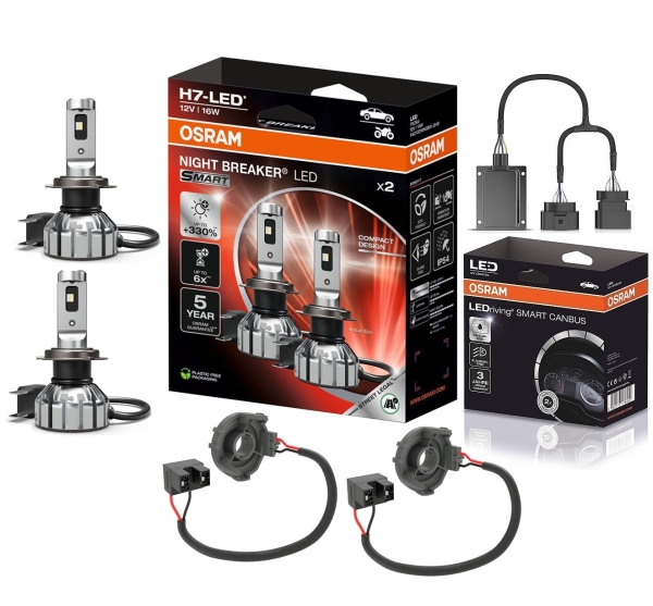OSRAM NIGHT BREAKER H7 LED 330% Set für VW Touran 1T3 GP2 10-15 mit Adapter + Canbus
