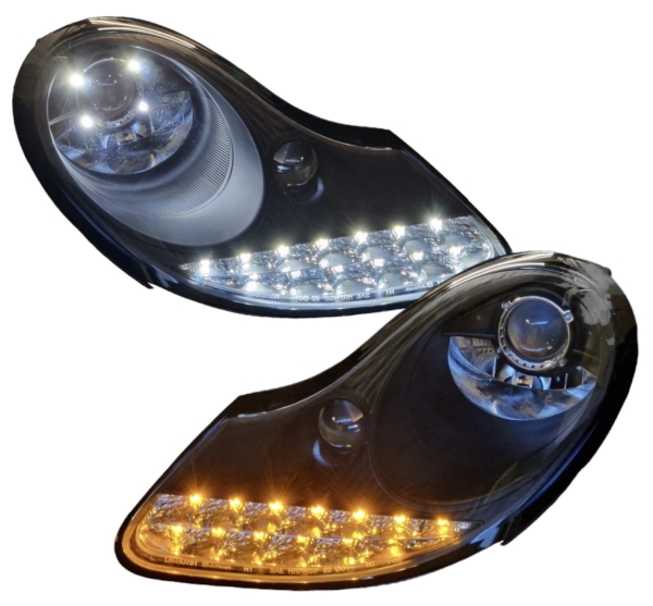 Scheinwerfer für Porsche Boxster 986 Bj. 96-04 Led Tagfahrlicht-Optik Led-Blinker schwarz glänzend