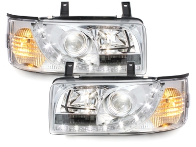 Scheinwerfer für VW T4 Bus 90-03 Tagfahrlicht-Optik chrom Led Standlicht