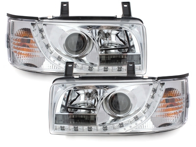 Scheinwerfer für VW T4 Bus 90-03 Tagfahrlicht-Optik chrom Led Standlicht
