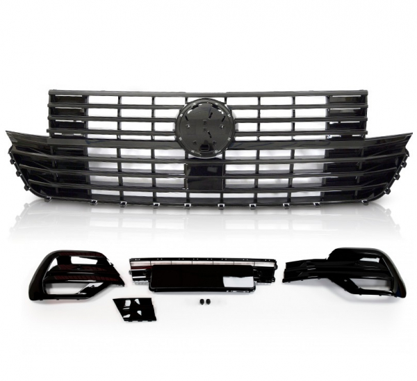Frontgrill + Blenden schwarz glänzend für VW T6.1 Multivan / Caravelle / Transporter ab 2019 für VW-Zeichen