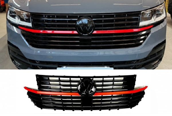 Frontgrill schwarz rot glänzend für VW T6.1 Multivan / Caravelle / Transporter ab 2019 für VW-Zeichen