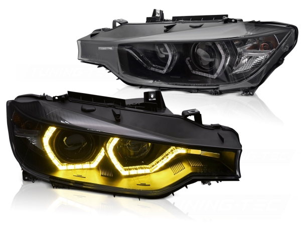 Scheinwerfer für BMW F30 F31 11-15 schwarz Xenon-Optik mit gelbem Tagfahrlicht