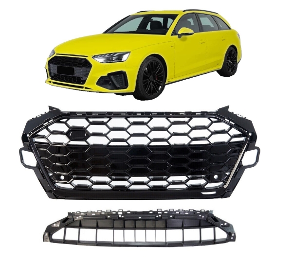 Frontgrill für Audi A4 B9 S-Line 2019+ Facelift Kühlergrill Wabengrill Grill ohne Emblem schwarz glänzend PCD