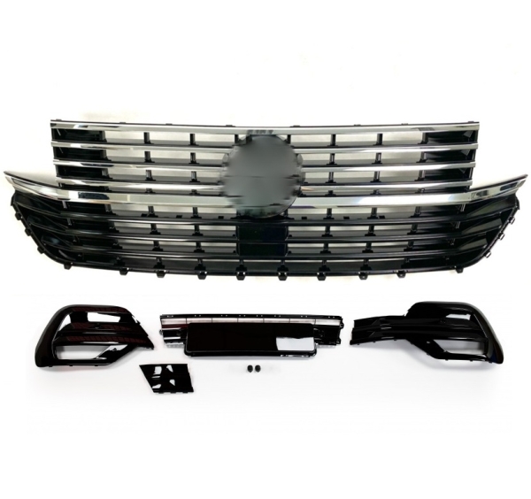 Frontgrill schwarz chrom + Blenden schwarz glänzend für VW T6.1 Multivan / Caravelle / Transporter ab 2019 für VW-Zeichen
