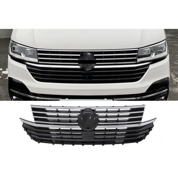 Frontgrill schwarz chrom + Blenden schwarz glänzend für VW T6.1 Multivan / Caravelle / Transporter ab 2019 für VW-Zeichen