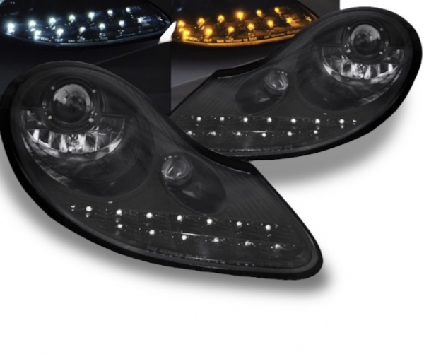 Scheinwerfer für Porsche Boxster 986 Bj. 96-04 Led Tagfahrlicht-Optik Led-Blinker schwarz glänzend
