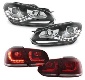 Led Tagfahrlicht Scheinwerfer+ Original-Look Led Rückleuchten für VW Golf 6 rot-klar