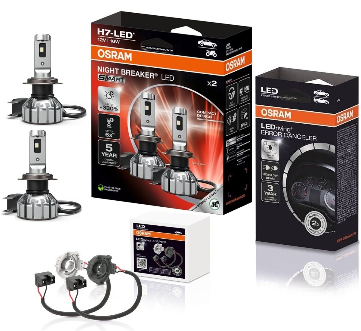 OSRAM NIGHT BREAKER H7 LED 330% Set für VW Golf 6 mit Adapter + Canbus E9 5813