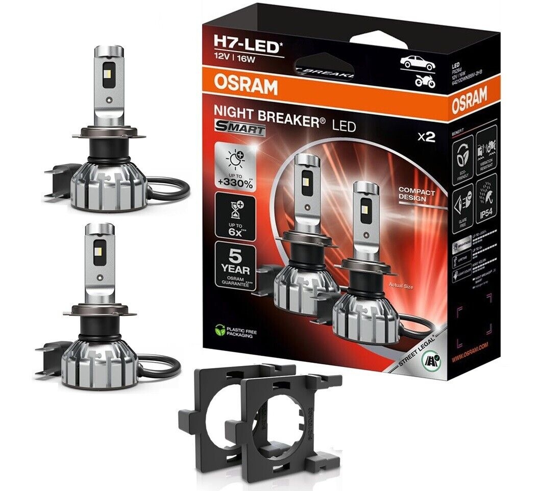 OSRAM NIGHT BREAKER H7 LED 330% Set für Ford Fiesta JA8 MK7 2013+ mit Adapter DA02