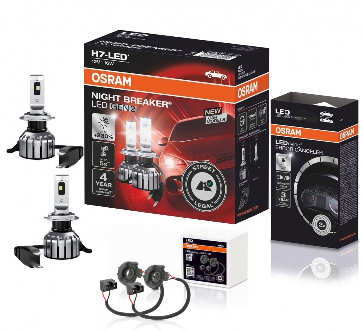 OSRAM NIGHT BREAKER H7 LED 230% Set für VW Caddy 3 10-15 mit Adapter + Canbus