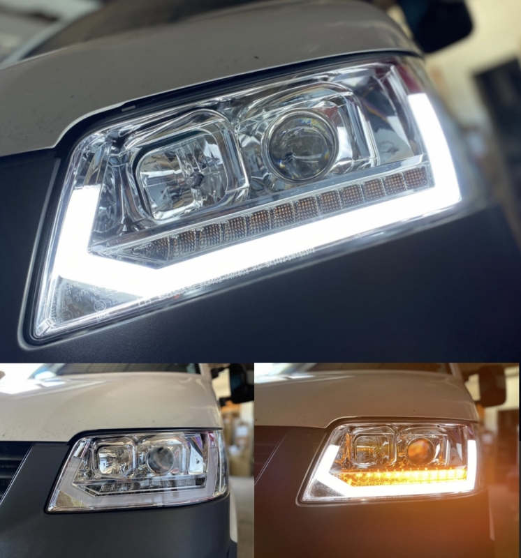 Scheinwerfer Tagfahrlicht LED chrom+LED Blinker passt für VW T4 kurz ab  90-03