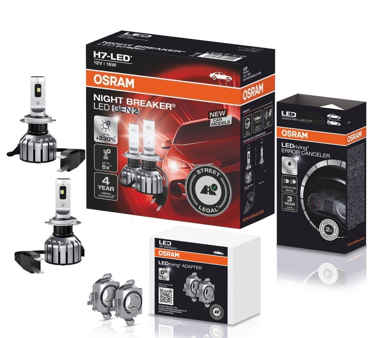 OSRAM NIGHT BREAKER H7 LED 230% Set für VW Touran 1T2 GP mit Adapter + Canbus