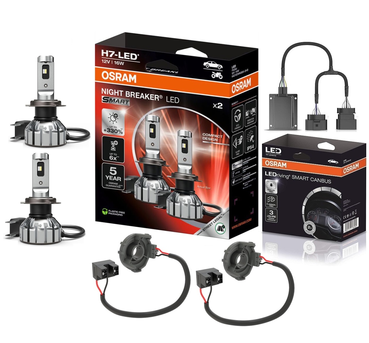 OSRAM NIGHT BREAKER H7 LED 330% Set für VW Touran 1T3 GP2 10-15 mit Adapter + Canbus