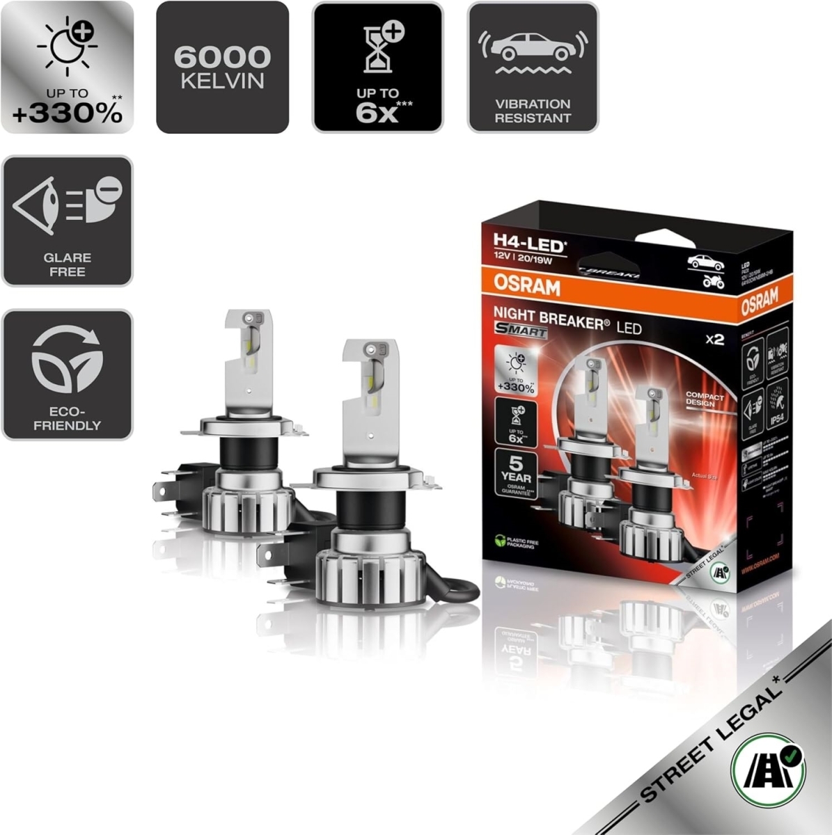 OSRAM NIGHT BREAKER H4 LED 330% Set für Mitsubishi Spacestar 2012-2019