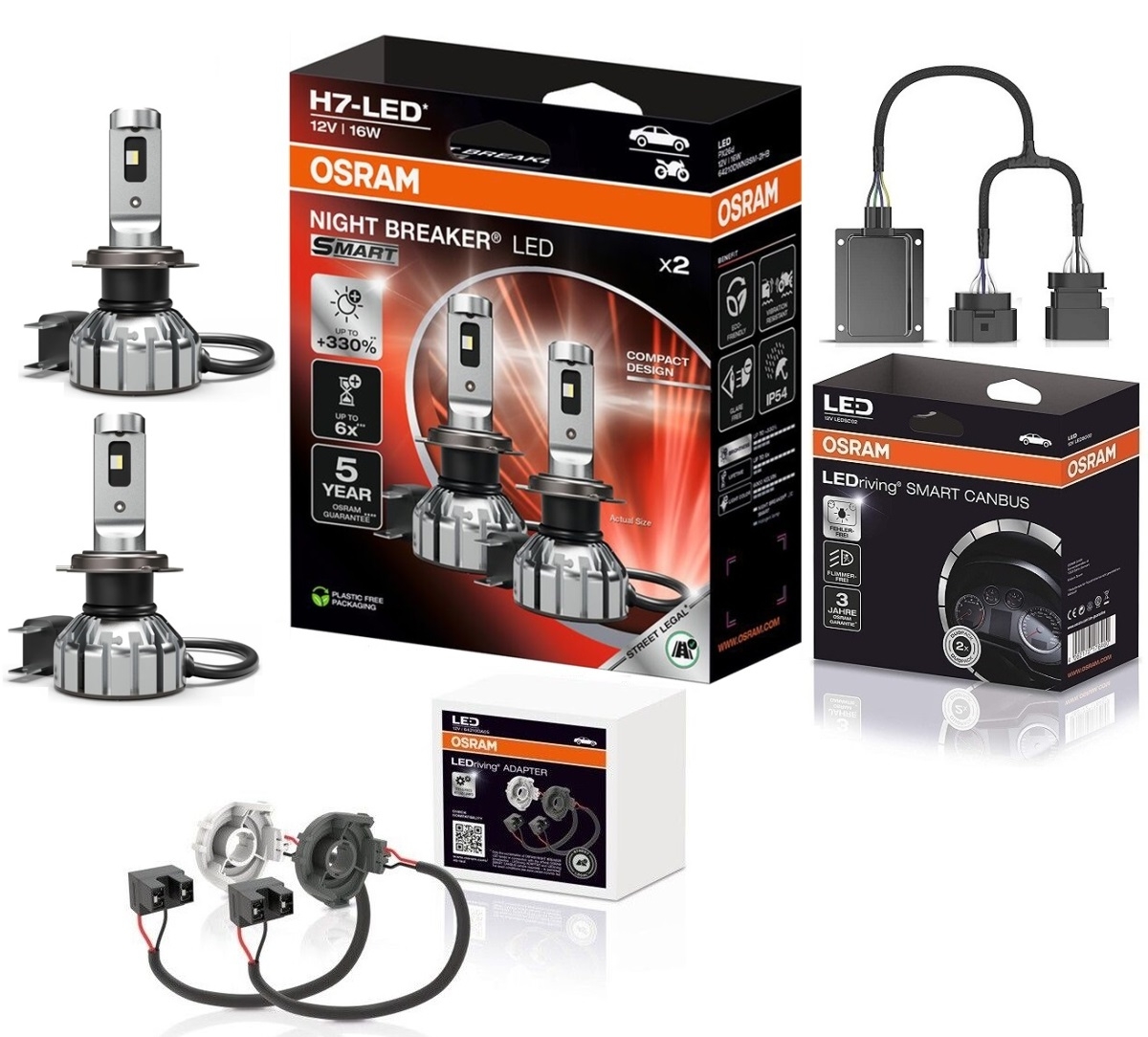 OSRAM NIGHT BREAKER H7 LED 330% Set für VW Sharan 7N mit Adapter + Canbus E1 2851