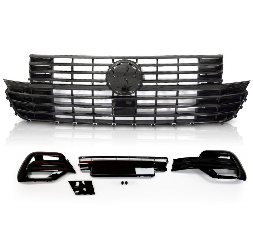 Frontgrill + Blenden schwarz glänzend für VW T6.1 Multivan / Caravelle / Transporter ab 2019 für VW-Zeichen