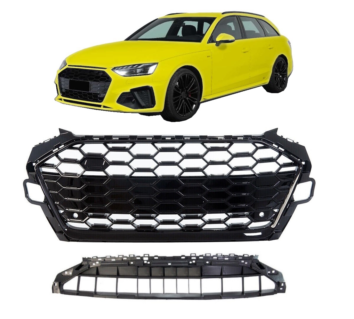 Frontgrill für Audi A4 B9 S-Line 2019+ Facelift Kühlergrill Wabengrill Grill ohne Emblem schwarz glänzend PCD