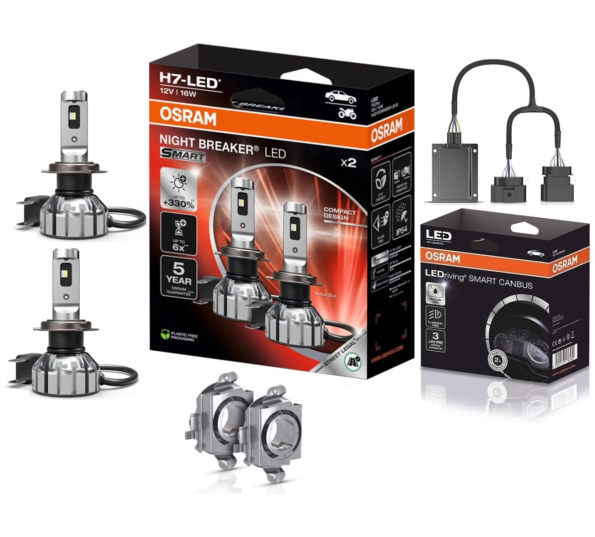 OSRAM NIGHT BREAKER H7 LED 330% Set für VW Passat CC 08-12 mit Adapter + Canbus