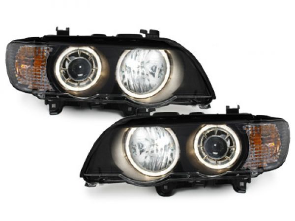 Xenon Scheinwerfer für BMW X5 99-03 E53 HID 2 Standlichtringe schwarz