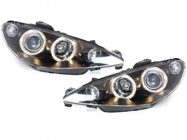 LED Angel Eyes Scheinwerfer für Peugeot 206 98-07 schwarz Depo