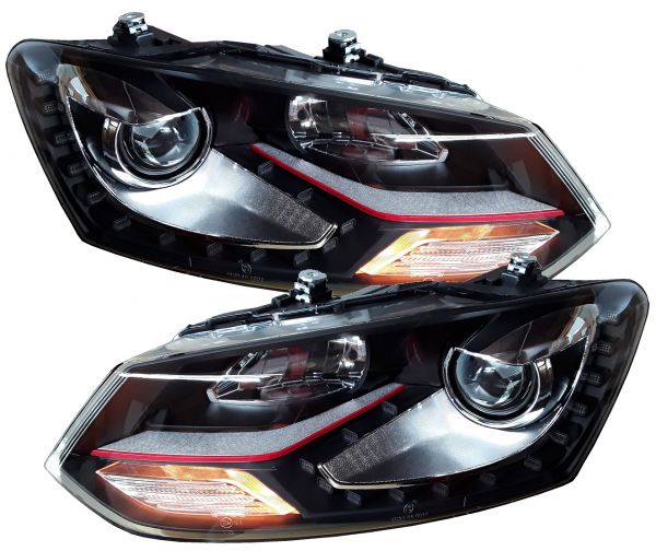Xenon Scheinwerfer für VW Polo 6R 6C 09+ schwarz rot Led-Standlicht