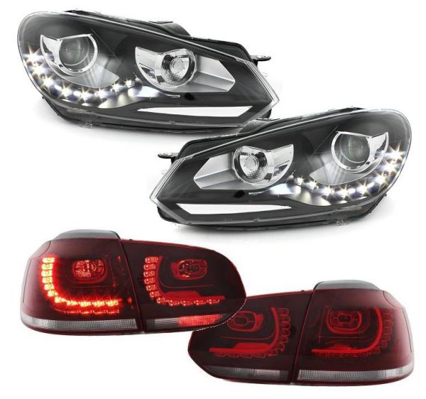Led Tagfahrlicht Scheinwerfer+ Original-Look Led Rückleuchten für VW Golf 6 rot-klar
