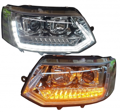 LED Tagfahrlicht Scheinwerfer für VW T5 GP Facelift 09-15 chrom LED Laufblinker T6 Optik
