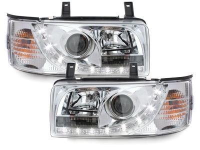 Scheinwerfer für VW T4 Bus 90-03 Tagfahrlicht-Optik chrom Led Standlicht