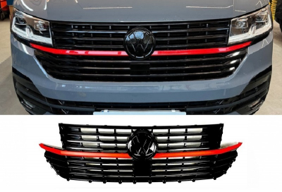 Frontgrill schwarz rot glänzend für VW T6.1 Multivan / Caravelle / Transporter ab 2019 für VW-Zeichen